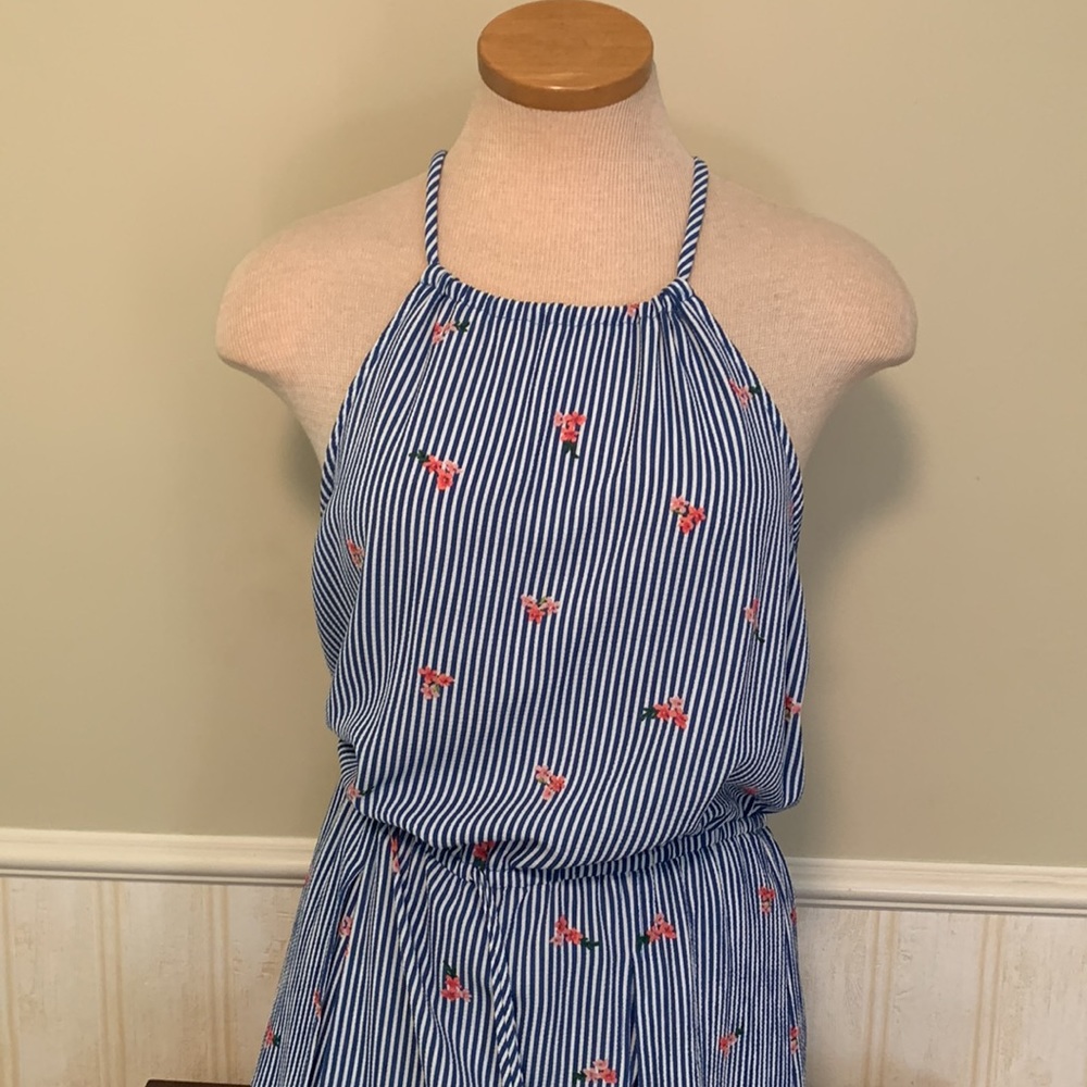 summer dress/shorts romper blue white striped with pink flowers. front split.